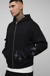 Sweat à capuche noir pour homme avec fermeture éclair sur le devant, imprimé étoiles, coupe oversize, style streetwear, coupe classique, en coton French Terry, pour l'automne - Product Image 2