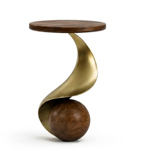 Mango Wood <b>Walnut</b> Finish Round TOP Spiral Design Metal Base Brass Finish with Round Wooden Ball Side <b>Table</b> For Home Living Decor - Product Image 4