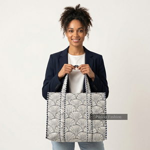 Sac fourre-tout matelassé en coton imprimé à la main, grand sac à bandoulière pour femme, motif Ginkgo bleu, sac de plage et de shopping - Product Image 1