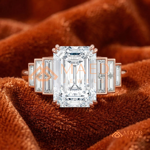 แหวนมอสซาไนต์ทรงเอเมอรัลด์สีโรสโกลด์สุดหรู แหวนวันครบรอบทรงบาแกตต์แบบไล่ระดับ ดีไซน์โดดเด่น เครื่องประดับคุณภาพสูง - Product Image 1