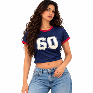 Camiseta Deportiva Corta de Fútbol para Mujer, Color Azul Marino, con Malla y Detalles en Rojo, Número 60, Manga Corta, Venta al Por Mayor OEM - Product Image 1