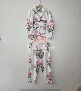Premium Handblock Printed White Cotton Summer Women's Two-Piece Breathable Eco-Friendly Pajamas Set Full Sleeves Ankle-Length - Product Image 1