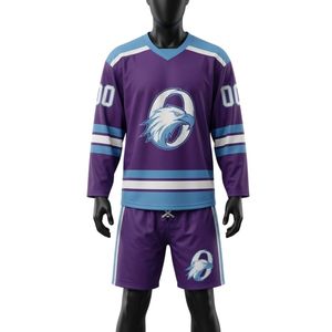 Men Purple Sublimated <b>Ice</b> Hockey Jersey Shorts Set Polyester V Neck Printed Athletic Sportswear Match Team Performance Clothing - Product Image 1
