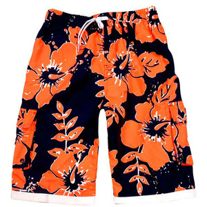 Shorts de bain pour hommes à motif floral, séchage rapide, cordon de serrage, taille élastique, décontractés, style bermuda, imprimé orange et noir, en polyester - Product Image 3