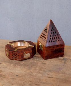 Ensemble brûle-encens et cendrier vintage en laiton et bois, décoration de temple - Product Image 1