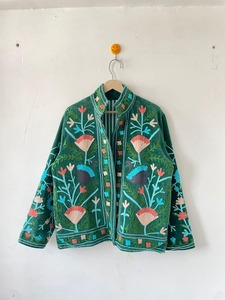 Blue Floral Embroidered <b>Reversible</b> 100% Cotton V-neck Women Robe Long Kimono Bathrobe <b>Belted</b> Wrap Lounge Wear Handmade 480g - Product Image 4