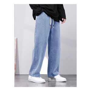 Drawstring Custom Colored <b>Jeans</b> Men <b>Elastic</b> Mid <b>Waist</b> Fashion Straight Leg Denim Top Trending Streetwear High Street Casual Long - Product Image 1