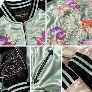 Chaqueta Bomber Sukajan Japonesa Reversible Personalizada al por Mayor, Satén Color Menta con Bordado de Koi y Flores - Product Image 6
