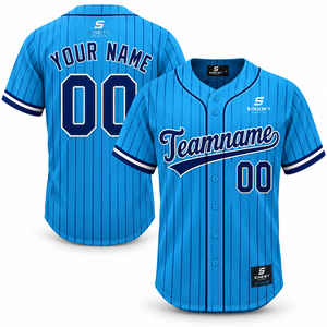 Maillot de baseball unisexe SINEWY SPORTS, personnalisé, rayé bleu, polyester, manches courtes, boutons sur le devant, évacuation de l'humidité, grande taille adulte - Product Image 1