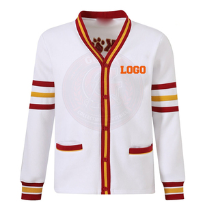 เสื้อคาร์ดิแกนถักอะคริลิคสีขาวลายกรีก พร้อมขอบสีแดงและสีเหลือง คอวี แขนยาว สไตล์ลำลอง สำหรับผู้ชายและผู้หญิง - Product Image 1