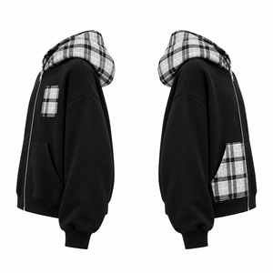 Sweat-shirt décontracté pour homme, noir, à fermeture éclair, avec poche et doublure en patchwork à carreaux - Product Image 5