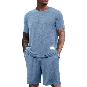 Casual Men's Summer Fashion <b>Knitted</b> Short Sleeve Breathable Plain Dyed Polyester/Cotton Blend T-shirt Shorts Solid Color <b>Set</b> - Product Image 6