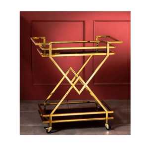 Modern Champagne Gold Bar <b>Cart</b> 2 Tier Glass Rectangle Serving <b>Trolley</b> Rolling Wine Beverage Kitchen Storage Organizer - Product Image 2