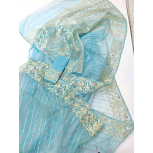 Sari traditionnel en coton Jamdani pour femmes, longueur au sol, style ethnique indien pakistanais, pour mariage, bleu avec motifs colorés - Product Image 2