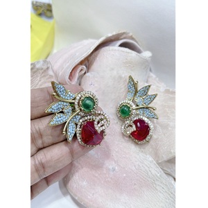 Stylish Gold Plated Leaf <b>Stud</b> <b>Earrings</b> With Red <b>Crystal</b> And Green Stone Vintage Style For Women Party Wear - Product Image 1