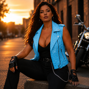 Chaleco de cuero genuino de avestruz para mujer Leather Spot - Chaleco de cuero sin mangas con cuello en V, cremallera frontal, transpirable y hecho a mano - Estilo Biker - Product Image 6
