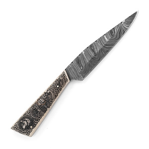 Cuchillo de Caza de Hoja Fija de Acero de Damasco Personalizado - Grado Industrial, 19 cm de Longitud Total - Mango de Hueso de Camello con Grabado Láser - Rúnico - Product Image 2