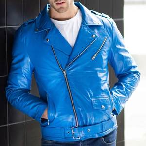 Veste zippée bleue unie personnalisée avec logo pour hommes, vestes en cuir vintage pour hommes, veste streetwear, manteaux d'hiver de haute qualité - Product Image 2