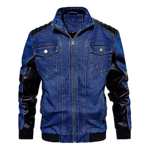 แจ็คเก็ตยีนส์วินเทจผู้ชาย แจ็คเก็ตยีนส์ทรงคลาสสิค แต่งหนังแบบ Patchwork ดีไซน์หลายกระเป๋า สไตล์ลำลองย้อนยุค ทนทาน - Product Image 1
