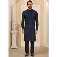 Veste Nehru bleu marine pour homme avec travail de sequins et bas en soie artificielle, ensemble de vêtements d'extérieur pour homme