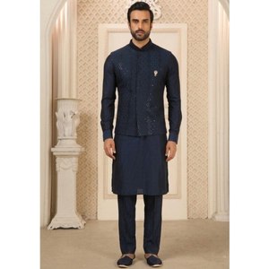 Navy Blue Nehru Jacket for Men Sequence Work with <b>Art</b> Silk Bottom Men's Outerwear Set - Product Image 3