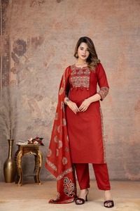 Traditional <b>Indian</b> Women's Red Cotton Ajrakh Print Knee-Length Quick Dry <b>Kurta</b> Set Dupatta Regular Fit Casual Wear Spring Diwali - Product Image 4