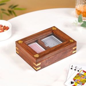 Boîte de rangement en bois pour cartes à jouer avec couvercle miroir en verre, double compartiment, organisateur de jeu de poker, étui cadeau pour soirée de jeu - Product Image 5