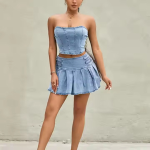 Ensemble crop top et jupe en jean pour femme, bleu clair délavé, ourlet à volants, tenue d'été sexy, ensemble deux pièces - Product Image 2
