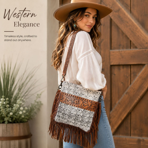 Sac bandoulière en cuir de vachette fait main avec poignée en fourrure, style western, orné de franges et de motifs floraux sculptés à la main, pour femme - Product Image 3