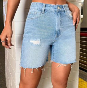 Shorts de mezclilla de cintura alta para mujer, casuales, desgastados, azul claro, con dobladillo deshilachado, para verano - Product Image 5