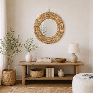 Premium Natural Seagrass <b>Mirror</b> <b>Round</b> Woven Frame Wall Accent for Entryway <b>Bathroom</b> Bedroom and Living Room - Product Image 4
