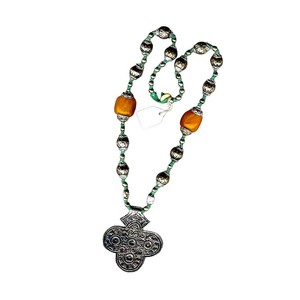 Handcrafted Boho Cross <b>Necklace</b>, Tribal Cross <b>Necklace</b> with Silver Tone Pendant with Green and Amber Beads, <b>Statement</b> Jewelry - Product Image 2