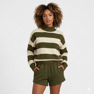 Conjunto de 2 Piezas para Mujer, Sudadera con Cuello Alto a Rayas y Pantalones Cortos con Cordón, Ropa Casual Holgada de Poliéster/Algodón - Product Image 4