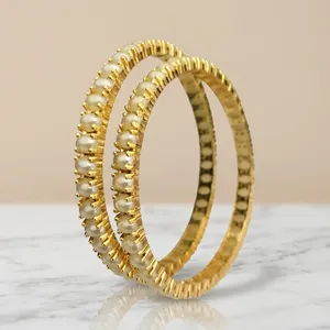 Designer High Quality Gold Plated Real Pearls CZ Two Set OF Bangles Wedding or Functions Wear Collection For Women And Girls - Product Image 1
