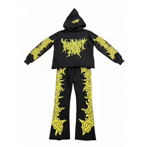 Custom Streetwear Distressed Patchwork Hoodie&Sweatpants <b>Set</b> Streetwear Acid Washed Vintage Style Zipper Men's Tracksuits <b>Sets</b>. - Product Image 4