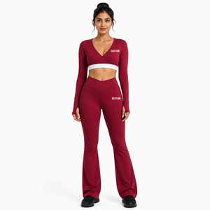 Customised Logo <b>Women</b> 2 Piece Yoga Set Long Sleeve Wrap V Neck Crop Top Cross V Waist <b>Flare</b> <b>Leggings</b> Gym Athleisure Activewear - Product Image 1