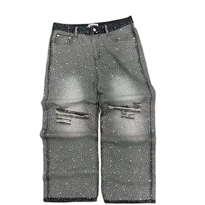 <b>Men</b> <b>Grey</b> Rhinestone Baggy <b>Jeans</b> Distressed <b>Ripped</b> Knee Loose Fit Streetwear Denim Pants For <b>Men</b> - Product Image 4