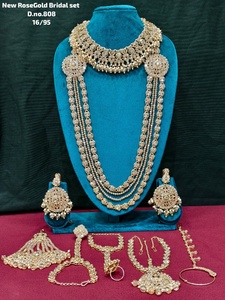 Traditional Heavy Rose Gold Bridal Accessories <b>Set</b> Red Crystal Choker Long Haram Necklace <b>Set</b> with Gemstone Drops - Product Image 1