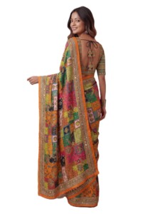 Sari Tradicional Indio con Estampado Digital Ajrak y Blusa con Espejos, para Mujer, Ideal para Bodas y Fiestas, Largo hasta el Suelo, Corte Regular, Elegante - Product Image 4