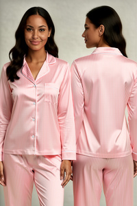 Conjunto de Pijama de Satén a Rayas Rosas para Mujer, Manga Larga, Cuello Camisero, Cierre de Botones, Ropa de Dormir Clásica, Primavera, Largo Completo - Product Image 1