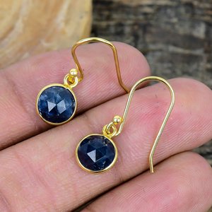 Natural Blue Sapphire Round Shape Gemstone Handmade <b>Hook</b> <b>Earring</b> 18k Gold Micron Over 925 Sterling Sliver - Product Image 2