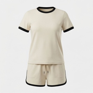 Women's 2 Piece Knitted Casual <b>Set</b> Short Sleeve T Shirt and Above Knee Shorts Solid Color Breathable Crew Neck <b>Twin</b> <b>Set</b> - Product Image 1