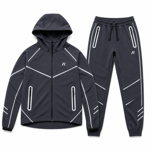 Ensemble de survêtement homme : Veste réfléchissante coupe-vent à rayures et coloris assortis en polaire technique à fermeture éclair à manches longues et pantalon de survêtement évasé à fermeture éclair - Product Image 2