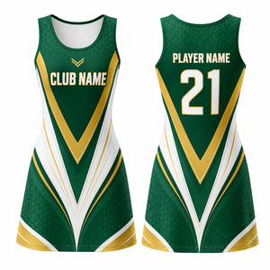 Uniforme de Netball Personalizado para Mujer, Sin Mangas, Verde, Dorado y Blanco, Impresión por Transferencia de Calor, Transpirable, 100% Poliéster, Fusión sin Costuras - Product Image 1