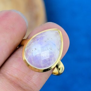 Handmade Rainbow Moonstone Pear Shape Gemstone 18k Gold Microne Over 925 Sterling <b>Silver</b> <b>Ring</b> - Product Image 3