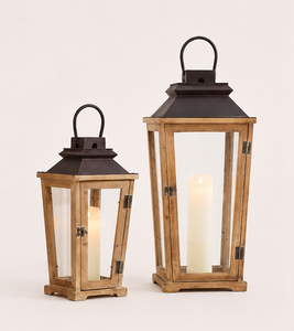 Handmade Rustic Wooden Candle <b>Lantern</b> <b>Set</b> of 2 with Metal Top Vintage Distressed Wood Decorative Floor <b>Lanterns</b> for Home Decor - Product Image 1
