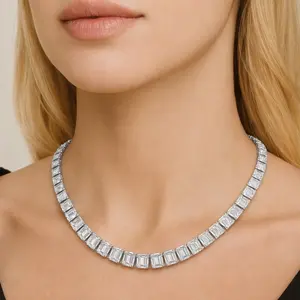 Collar Minimalista con Diamantes Cultivados en Laboratorio con Corte Esmeralda, Collar de Tenis de Oro Blanco Sólido de 10K/14K, Certificado IGI, Joyería de Lujo para Compromiso - Product Image 4