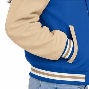 <b>Women</b> <b>Beige</b> Varsity <b>Jacket</b> Two Tone Casual Outerwear Striped Ribbed Collar Contrast Sleeve Design Comfortable Casual Fit Clean - Product Image 6