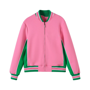 ชุดลำลองสำหรับผู้หญิงสีชมพูและสีเขียว เสื้อแจ็คเก็ตแขนยาวและกางเกงขายาวพร้อมคอตั้งและลายทาง - Product Image 2