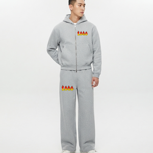 Hot Selling Men's Gray Hooded Tracksuit Set Full <b>Zipper</b> <b>Sweatshirt</b> and Pants with Flame Logo Printing Casual Autumn Wear Set - Product Image 4